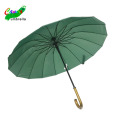 High quality deep green polyester wood crook deep brown handle automatic straight umbrella